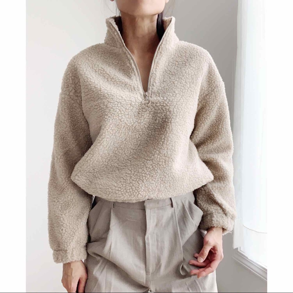 NEW SHERPA HALF ZIP PULLOVER - TAUPE - Picture 11 of 13